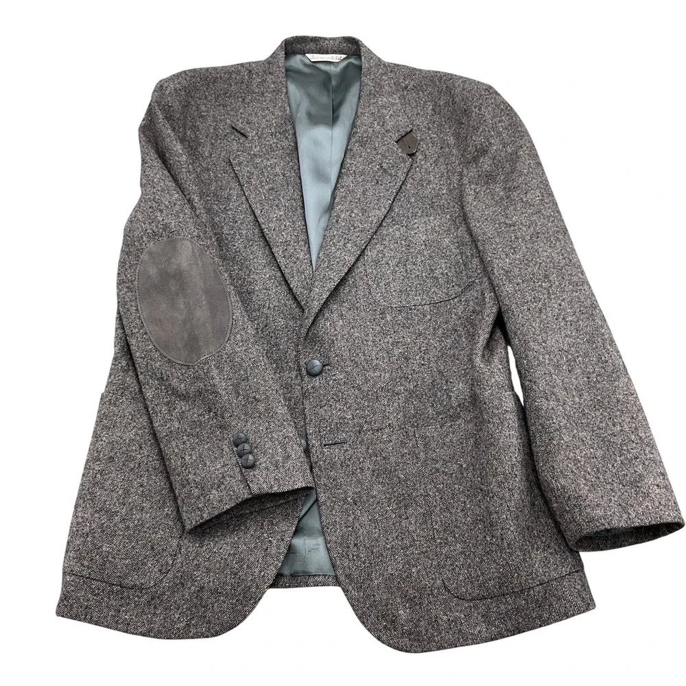 Stafford Blazer Men 42R Gray Multi Wool Tweed Suede Elbow Patch Jacket USA VTG